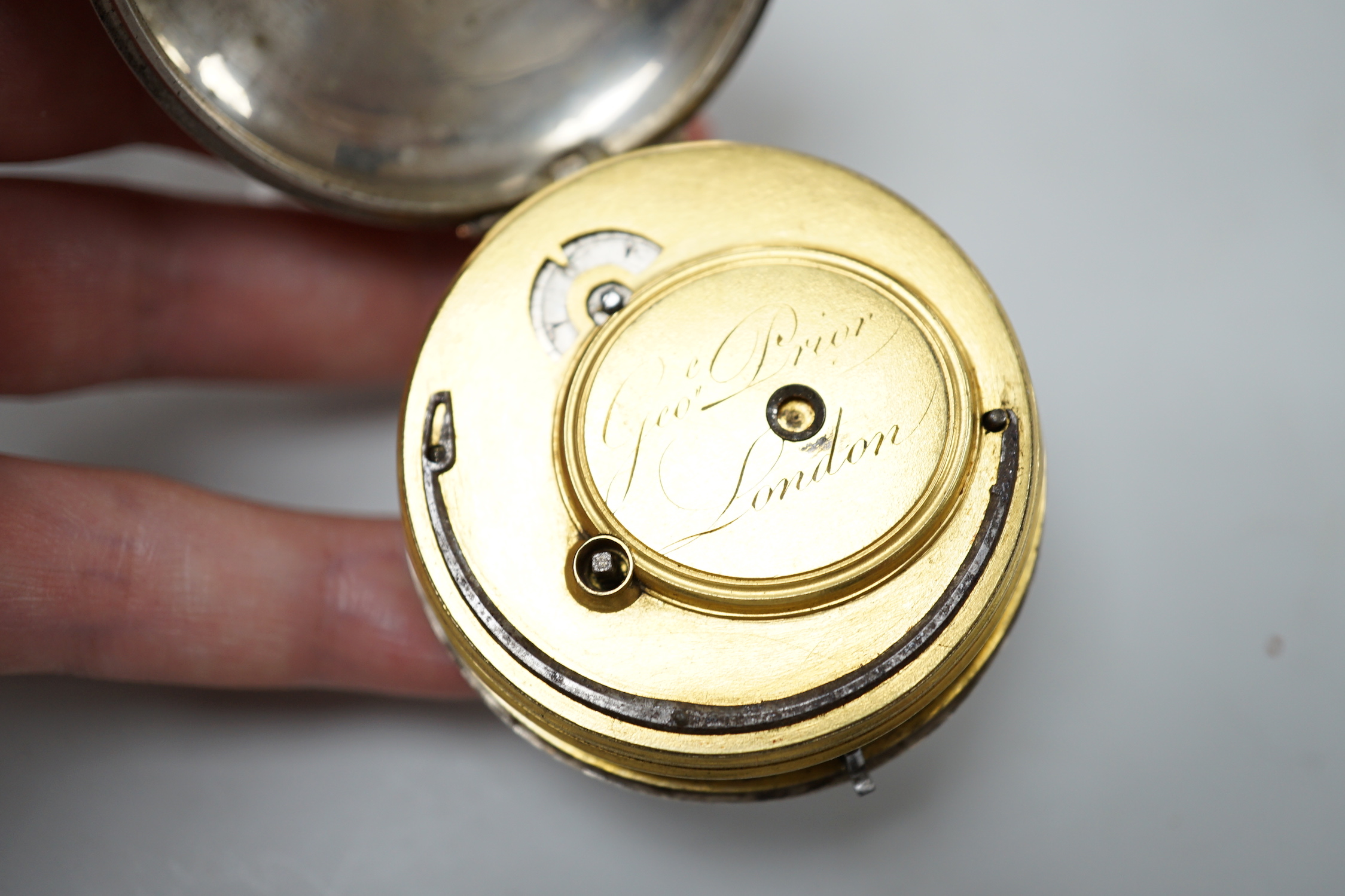 A 19th century base metal pair cased keywind verge pocket watch by George Prior, for the Turkish market, case diameter 62mm.